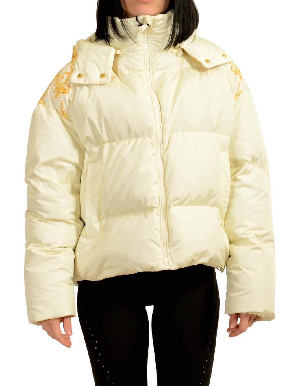 Versace Women's Ivory & Barocco Print Hooded Down Parka Jacket US L IT 44